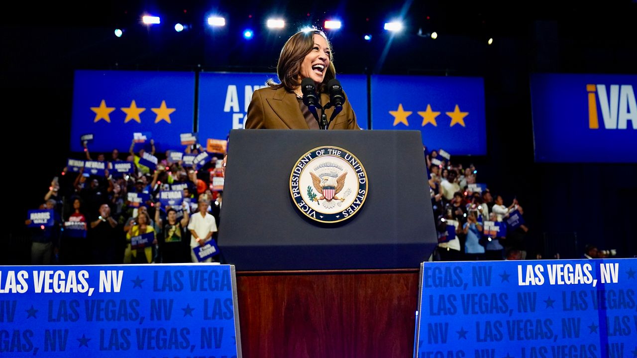 Democratic presidential nominee Vice President Kamala Harris speaks at a rally on Sunday, Sept. 29, 2024, in Las Vegas. (AP Photo/Carolyn Kaster)