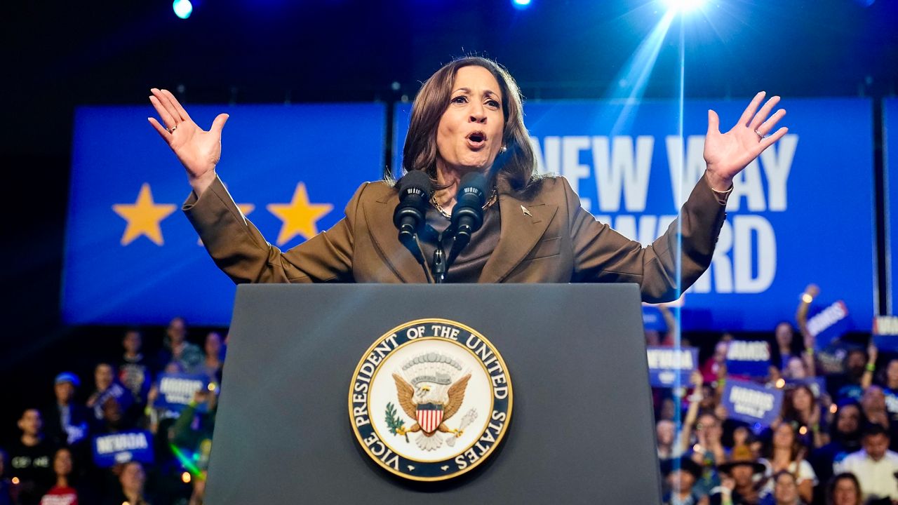 Democratic presidential nominee Vice President Kamala Harris speaks at a rally on Sunday, Sept. 29, 2024, in Las Vegas. (AP Photo/Carolyn Kaster)