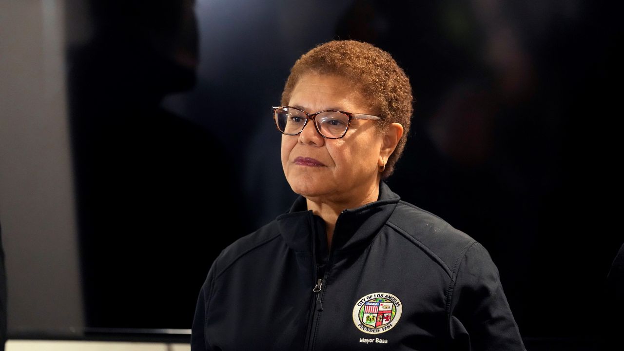 Los Angeles Mayor Karen Bass waits to speak during a press conference at the start of the annual homeless count in the North Hollywood section of Los Angeles Tuesday, Jan. 24, 2023. (AP Photo/Marcio Jose Sanchez)