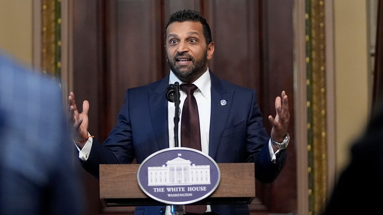 Kash Patel, President Donald Trump's new Director of the FBI, speaks during a swearing-in ceremony, Friday, Feb. 21, 2025, in the Indian Treaty Room at the Eisenhower Executive Office Building on the White House campus in Washington. (AP Photo/Mark Schiefelbein)