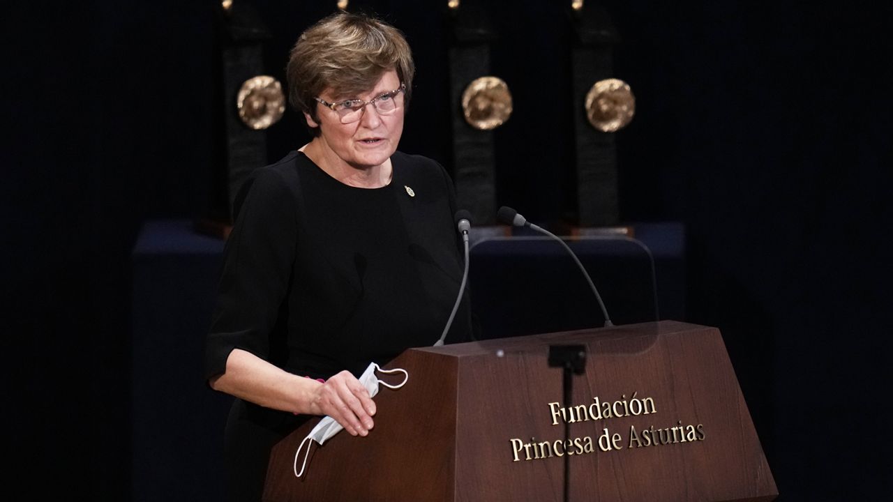 Katalin Kariko, speaks after receiving, together with six other scientists, the Princess of Asturias Award for Technical & Scientific Research 2021 from Spain's Princess of Asturias Leonor, at a ceremony in Oviedo, northern Spain, Friday Oct. 22, 2021. (AP Photo/Manu Fernandez, File)