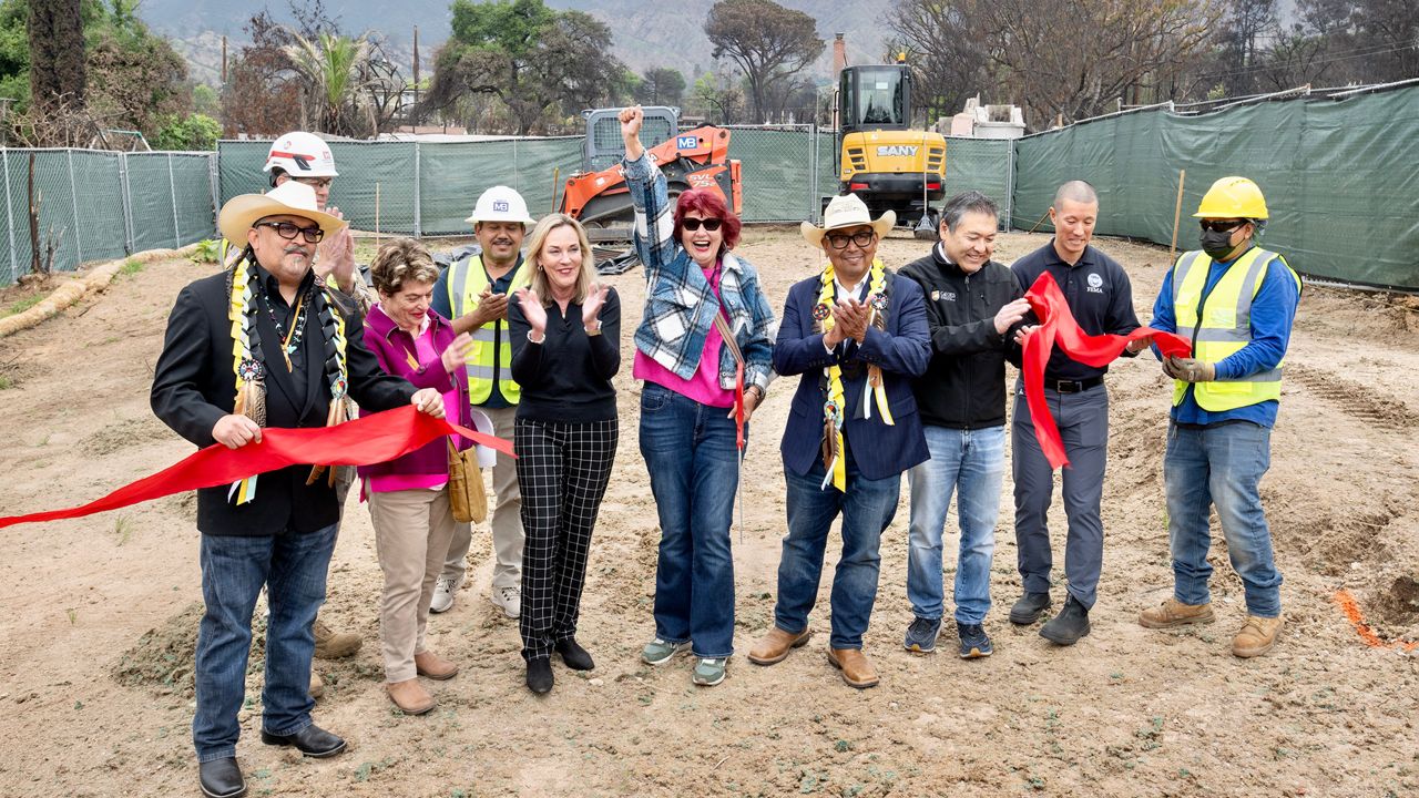 Altadena homeowner Margot Steuber, whose home was burned down during the Eaton Fire, celebrates the start of construction of her new home with LA County Supervisor Kathryn Barger and other officials in Altadena. (Photo courtesy Diandra Jay/LA County)
