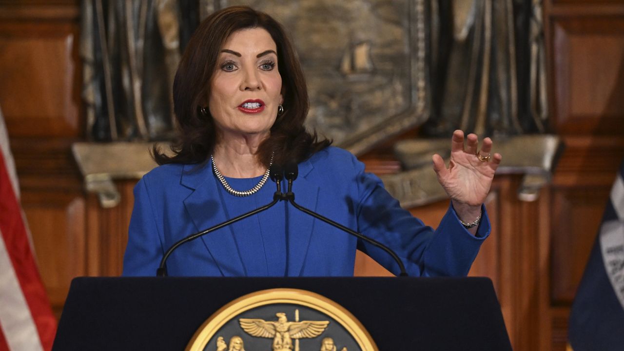 New York Gov. Kathy Hochul presents her 2025 executive state budget in the Red Room at the state Capitol Tuesday, Jan. 16, 2024, in Albany, N.Y. (AP Photo/Hans Pennink)