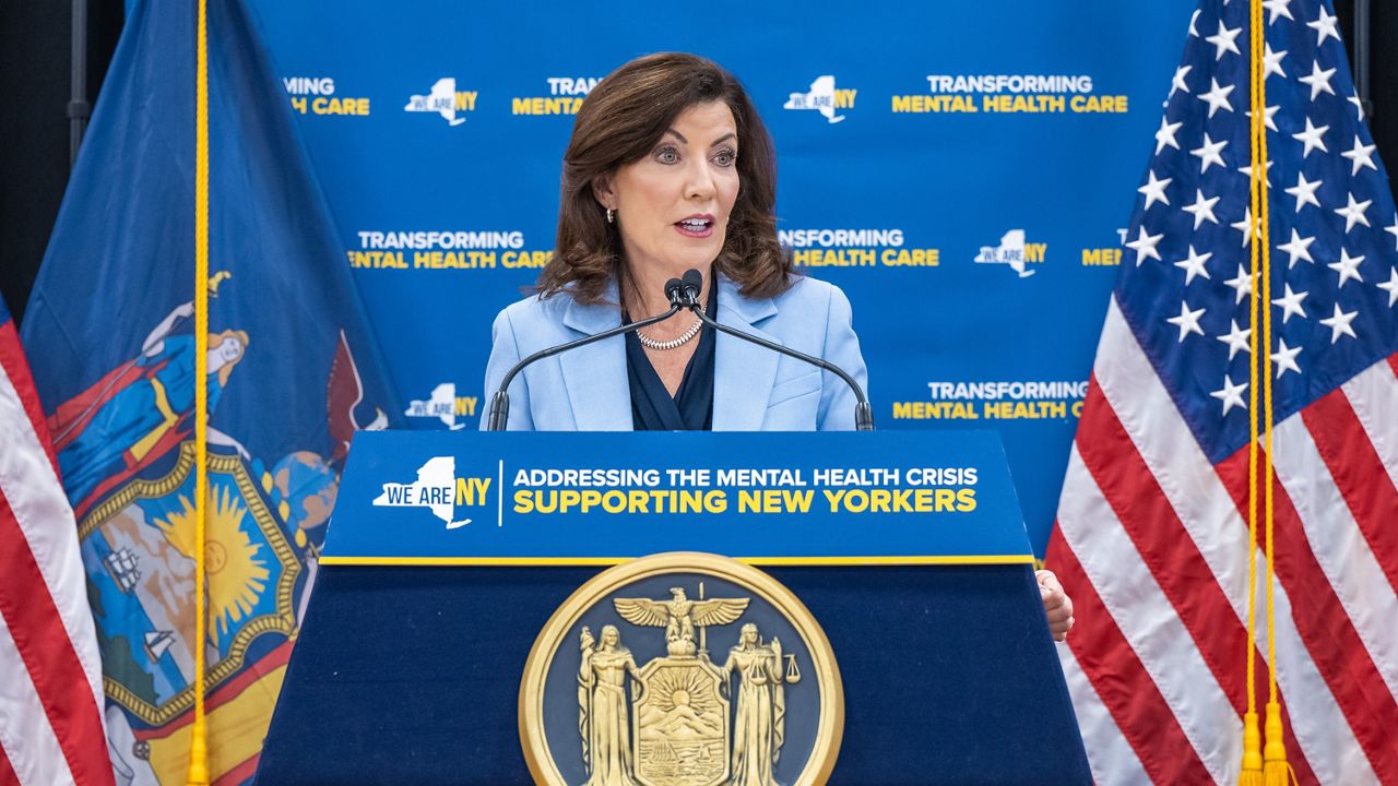 Gov. Kathy Hochul makes a mental health-related budget announcement in Buffalo on Monday, May 8, 2023.