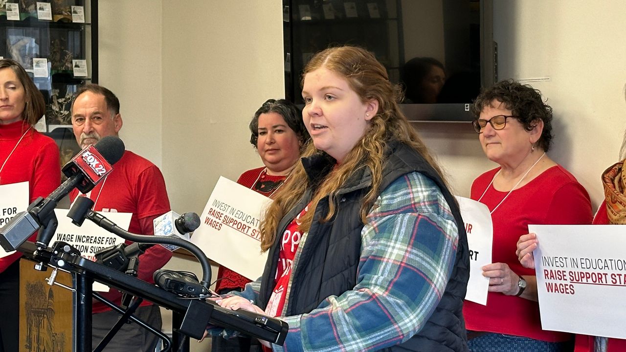 Regional School Unit 68 teacher Kendrah Willey said it's hard for teachers to make ends meet, which prompted her to come to the State House Thursday to lobby for higher salaries. (Spectrum News/Susan Cover)
