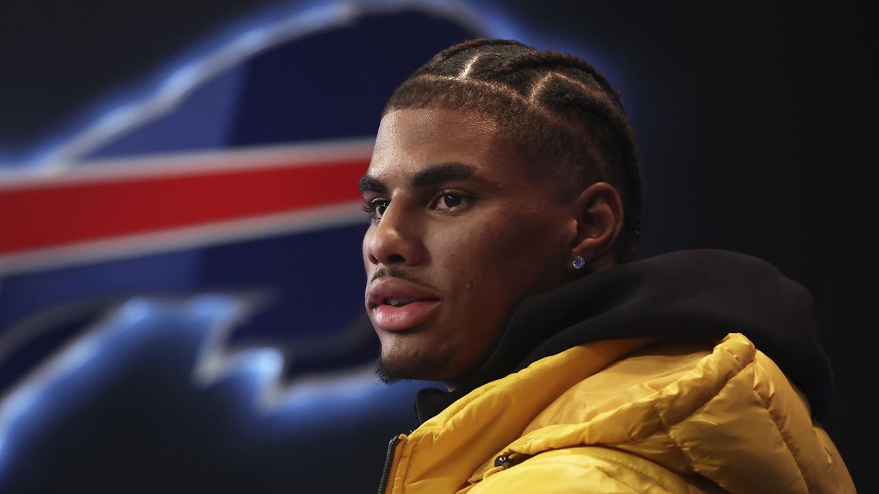 Buffalo Bills second-round draft pick Keon Coleman addresses the media during an NFL football news conference in Orchard Park, N.Y., Saturday, April 27, 2024. (AP Photo/Jeffrey T. Barnes)