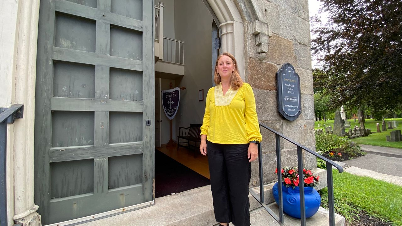 The Rev. Kerry Mansir of Christ Church in Gardiner says the historic bell tower that houses a Revere bell needs major repairs. (Spectrum News/Susan Cover)