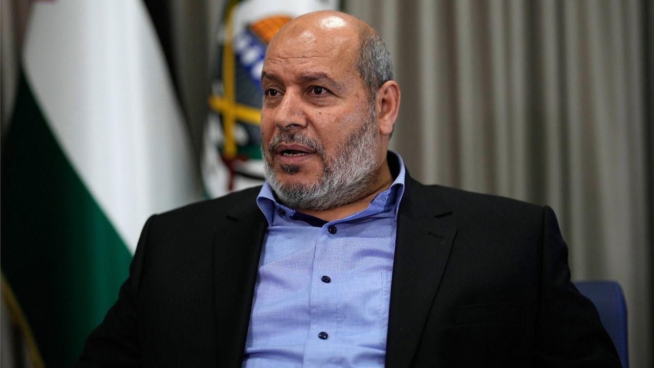 Khalil al-Hayya, a high-ranking Hamas official who has represented the Palestinian militant group in negotiations for a cease-fire and hostage exchange deal, speaks during an interview with The Associated Press, in Istanbul, Turkey, Wednesday, April 24, 2024. (AP Photo/Khalil Hamra)