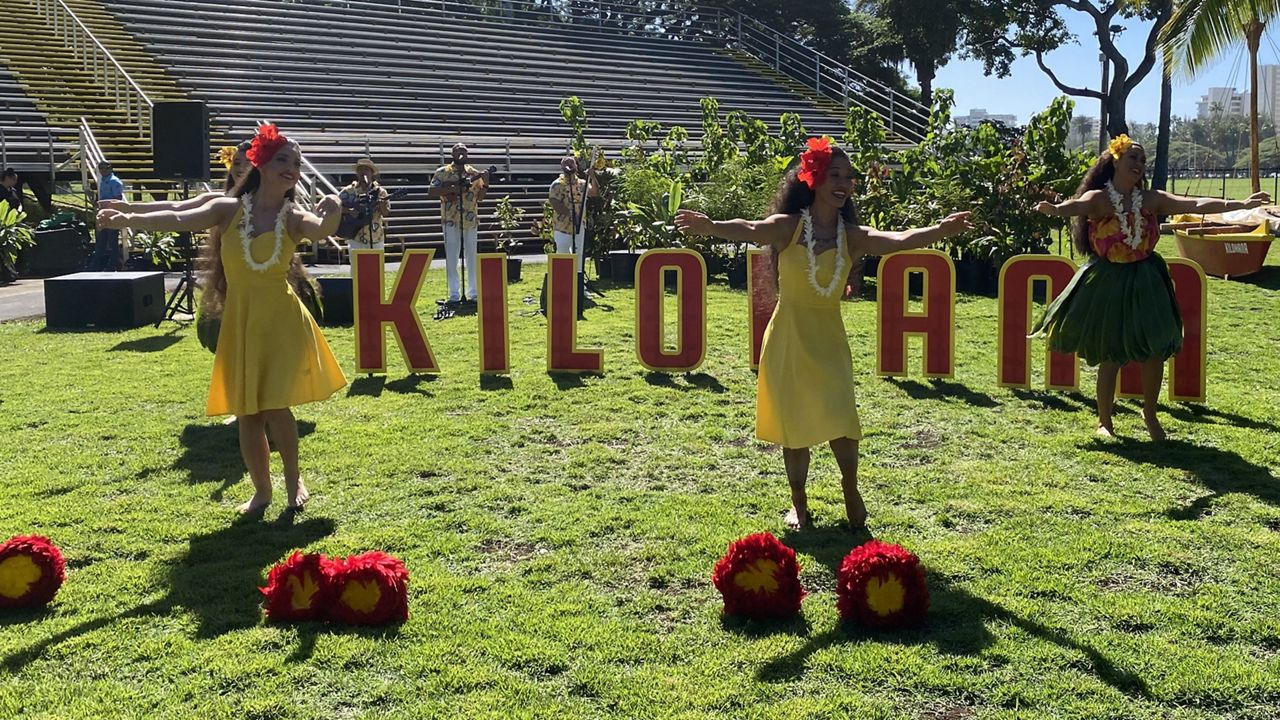 "Lovely Hula Hands" is performed during a preview of the Kilohana Hula Show at the Tom Moffatt Waikiki Shell on Jan. 18, 2024. (Spectrum News/Michelle Broder Van Dyke)