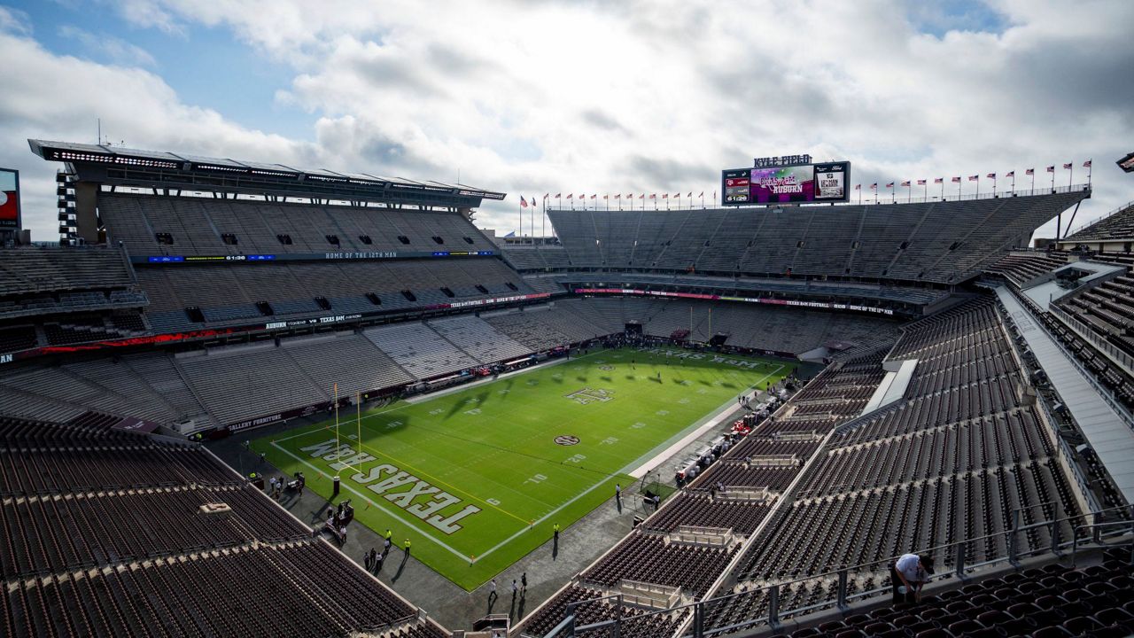Kyle Field is pictured during warmups of an NCAA college football game between Auburn and Texas A&M on Saturday, Sept. 23, 2023, in College Station, Texas. (AP Photo/Sam Craft)