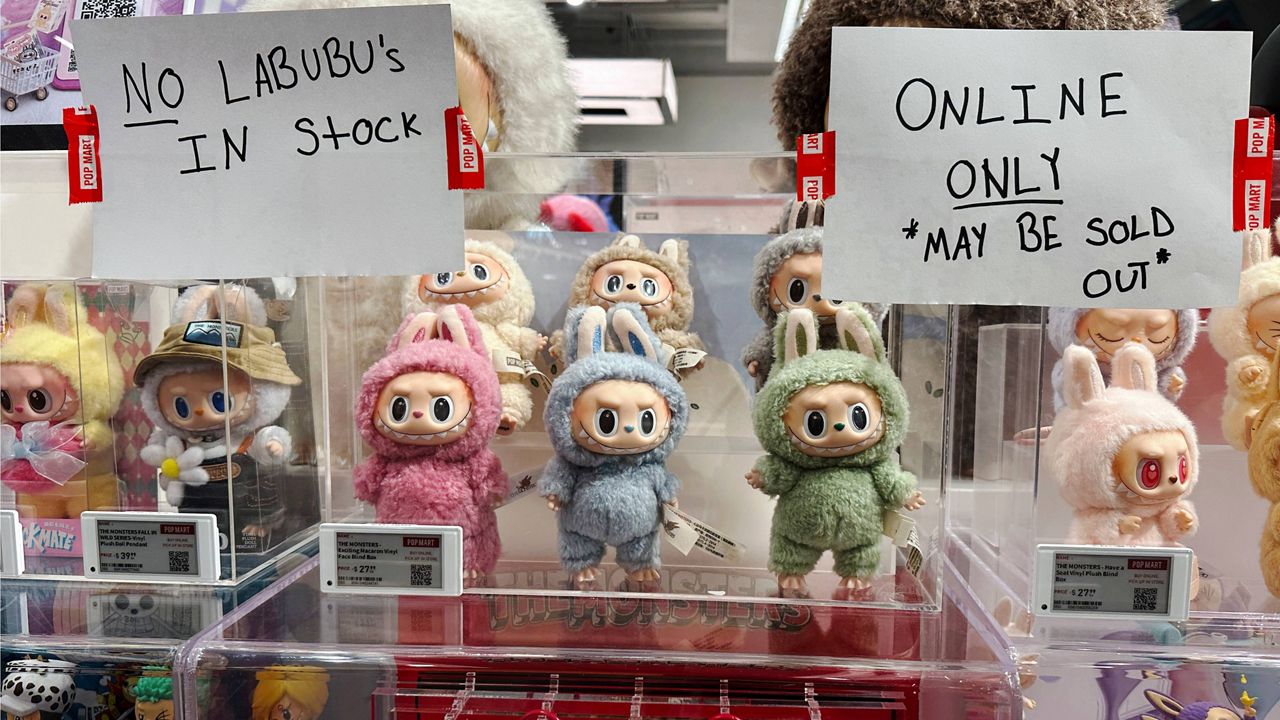 Only display Labubu dolls are left at the Pop Mart store at American Dream mall in East Rutherford, N.J., on Saturday, July 12, 2025. (AP Photo/Ted Shaffrey)
