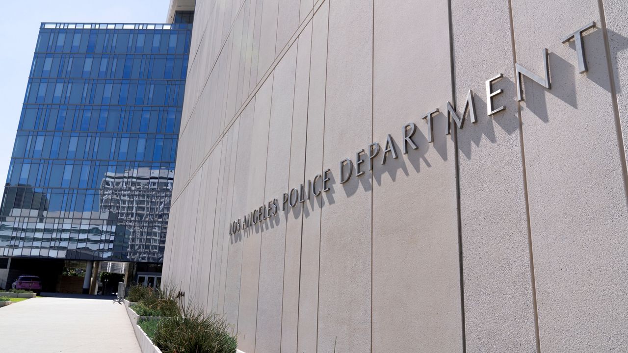 The entrance to the Los Angeles Police Department headquarters are seen in downtown Los Angeles on Tuesday, Oct. 3, 2023. (AP Photo/Richard Vogel)