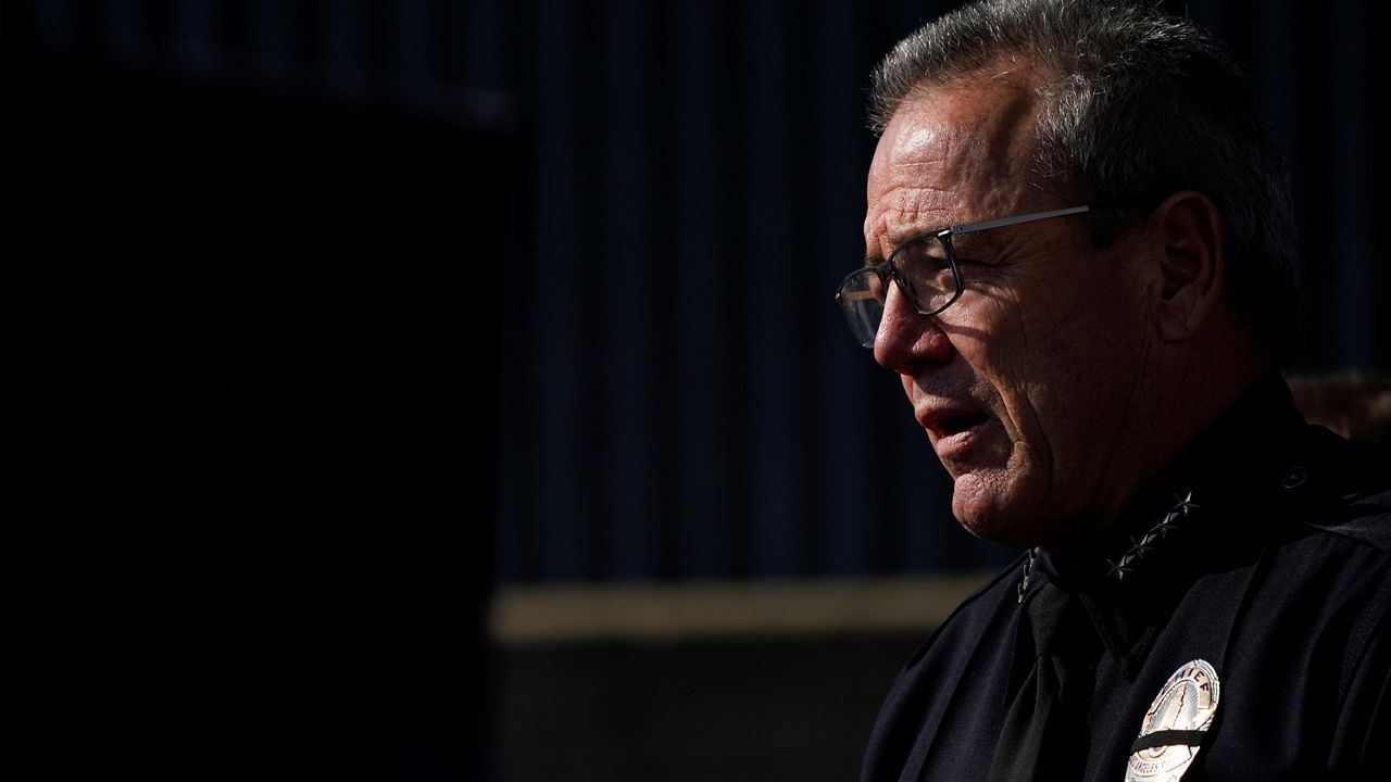 Los Angeles Police Department Chief Michel Moore speaks at a news conference, Jan. 18, 2022, in Los Angeles. (AP Photo/Ashley Landis, File)