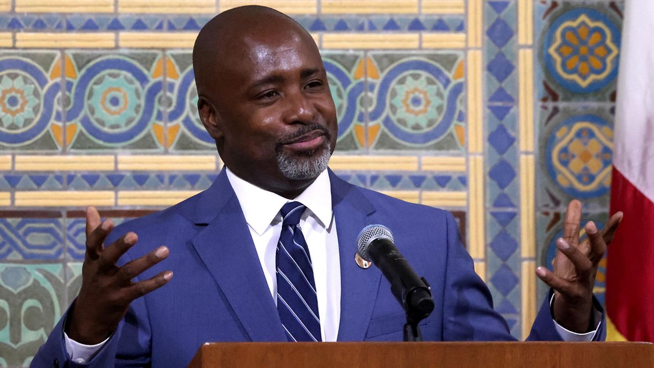 After being sworn in as the new Los Angeles City Council President, Marqueece Harris-Dawson addresses constituents in council chambers at City Hall on Sept. 20, 2024. (Genaro Molina/Los Angeles Times via Getty Images)