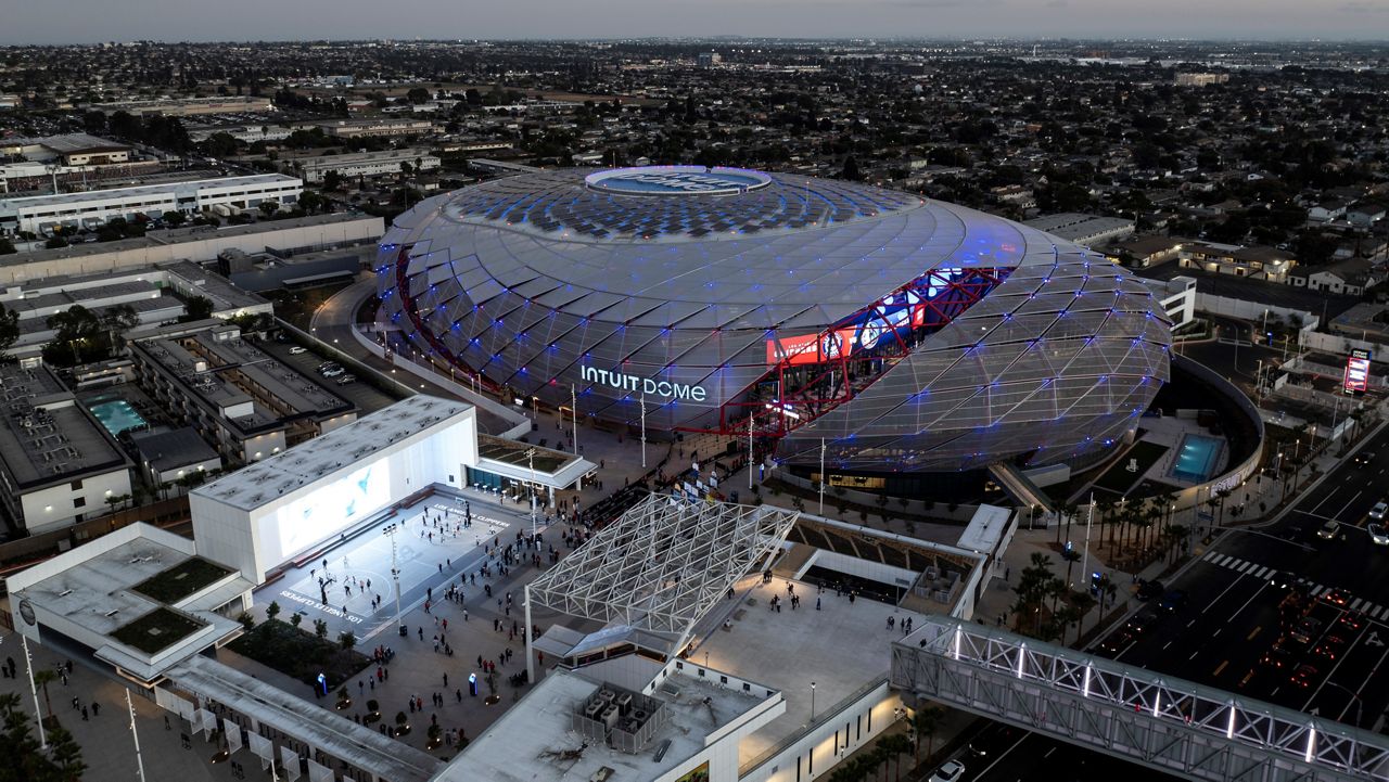 An aerial view shows the Intuit Dome, the new home of the Los Angeles Clippers, Monday, Oct. 14, 2024, in Inglewood, Calif.(AP Photo/Jae C. Hong)