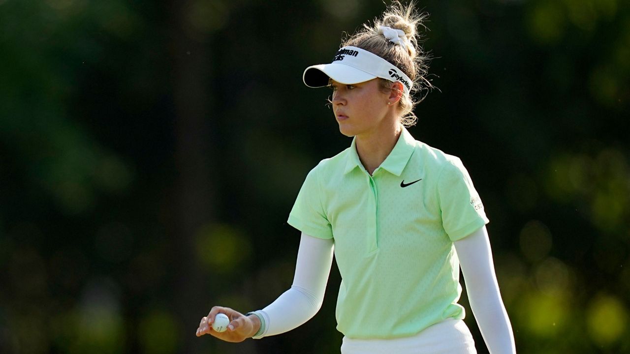 Nelly Korda acknowledges the crowd after her shot on the sixth green during the first round of the Chevron Championship LPGA golf tournament Thursday, April 18, 2024, at The Club at Carlton Woods, in The Woodlands, Texas. (AP Photo/Eric Gay)