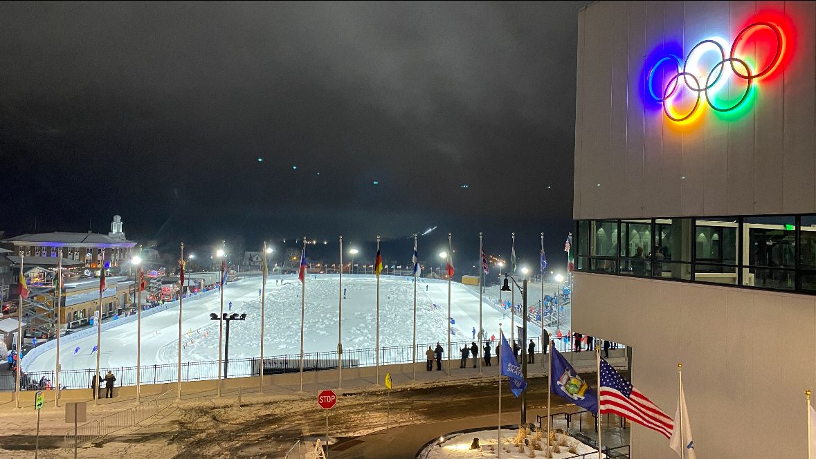 A view from above, looking down on the Lake Placid Olympic Speedskating Oval
