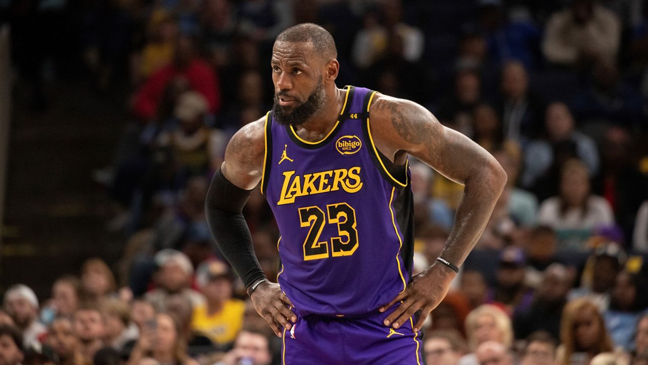 Los Angeles Lakers forward LeBron James (23) in the second half of an NBA basketball game against the Memphis Grizzlies Wednesday, Nov. 6, 2024, in Memphis, Tenn. (AP Photo/Nikki Boertman)