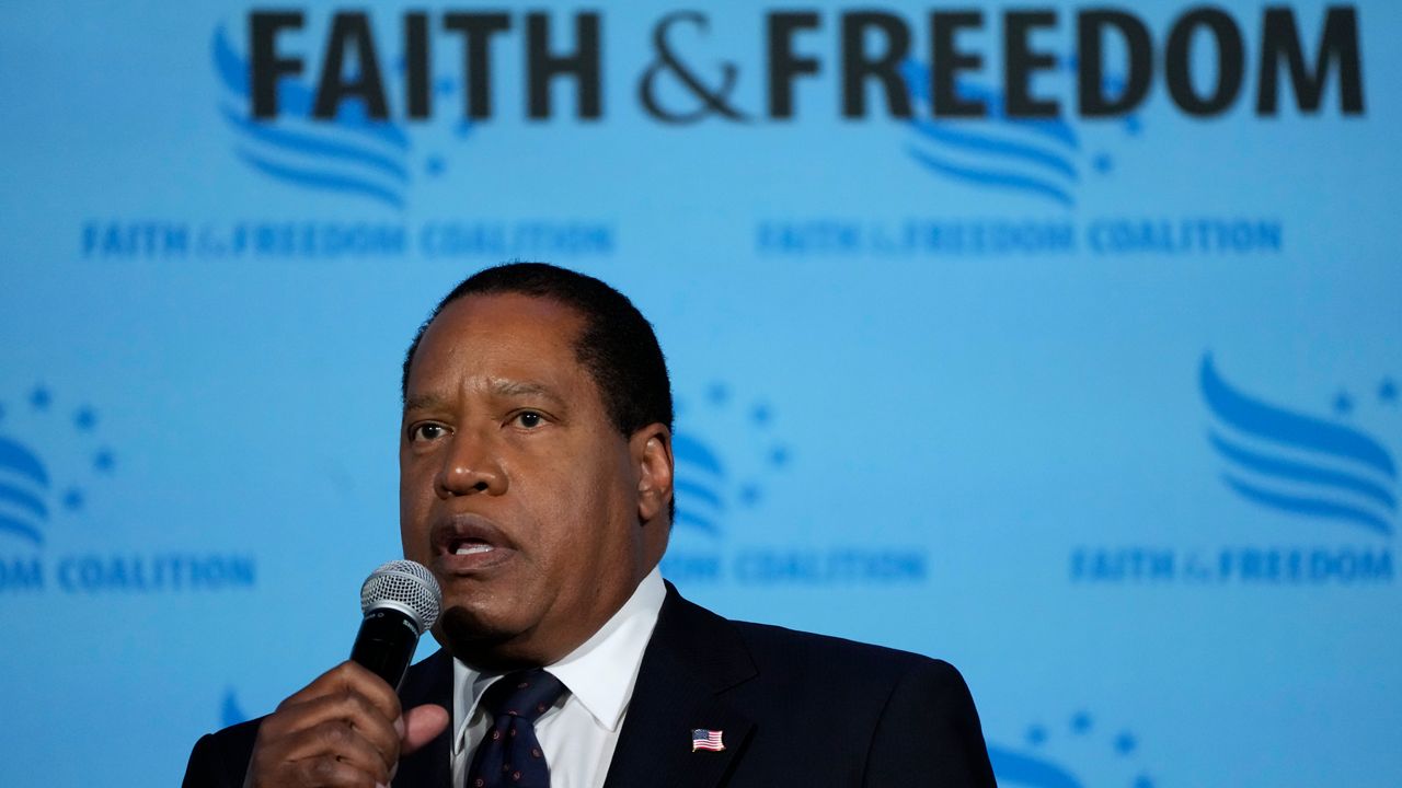 Republican presidential candidate and conservative radio show host Larry Elder speaks during the Iowa Faith and Freedom Coalition Spring Kick-Off Saturday, April 22, 2023, in Clive, Iowa. (AP Photo/Charlie Neibergall)