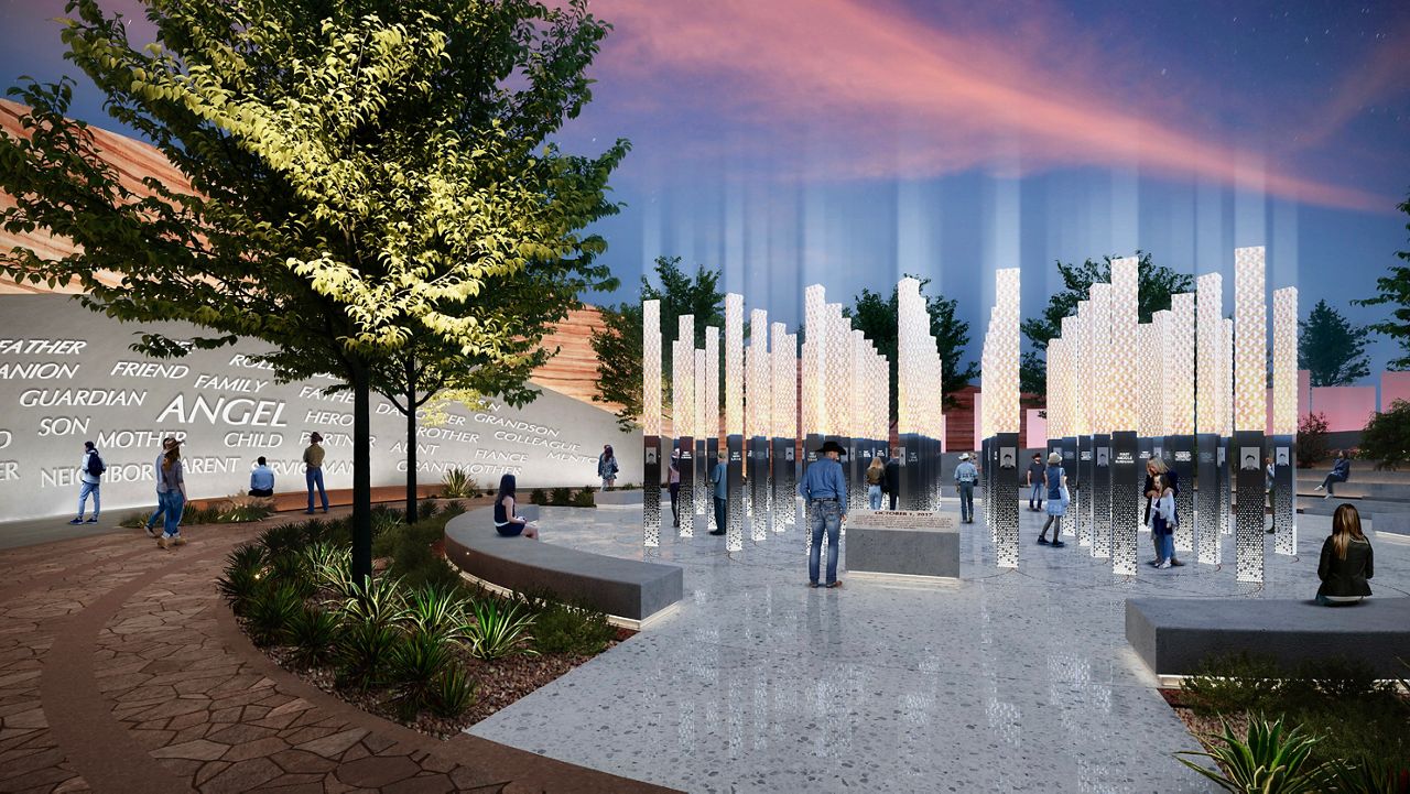 This rendering provided by Clark County, Nev., on June 2, 2023, shows one of five potential designs for a permanent memorial to be built on the Las Vegas Strip in honor of the victims, survivors and first responders of the Oct. 1, 2017, mass shooting that left 60 dead and hundreds more injured at a country music festival in Las Vegas. The rampage was the deadliest mass shooting in modern America. On Tuesday, Sept. 5, a final design featuring 58 candle-like beams for a permanent memorial to the victims, survivors and first responders of modern America's deadliest mass shooting was approved by county officials in Las Vegas. (Courtesy of Clark County via AP, File)