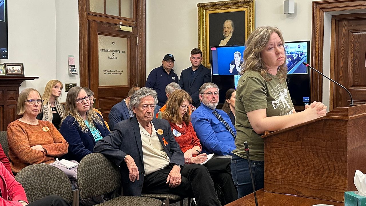 Laura Whitcomb, president of the Gun Owners of Maine, speaks Friday at the State House in opposition to a proposed extreme risk protection order. (Spectrum News/Susan Cover)