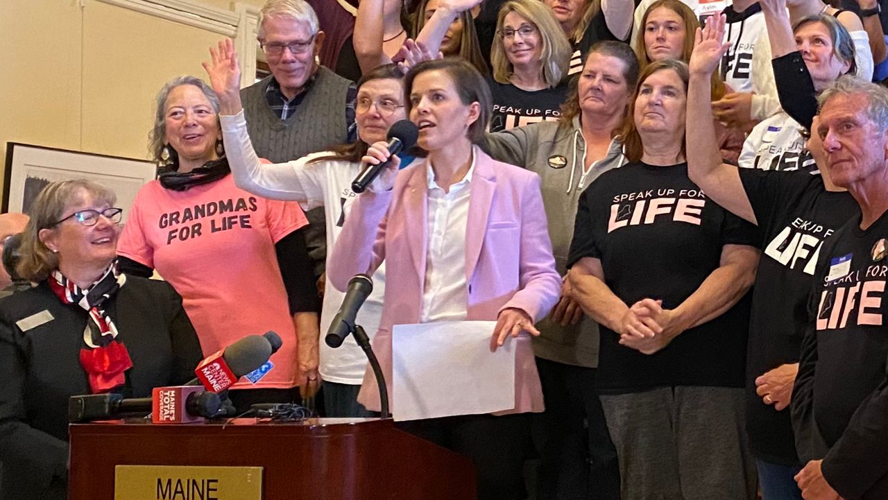 Rep. Laurel Libby (R-Auburn) speaks at a pro-life rally at the State House in Augusta in May 2023. Libby has come under fire over comments made in opposition to a bill restricting paramilitary training in the state. (Spectrum News/Susan Cover)