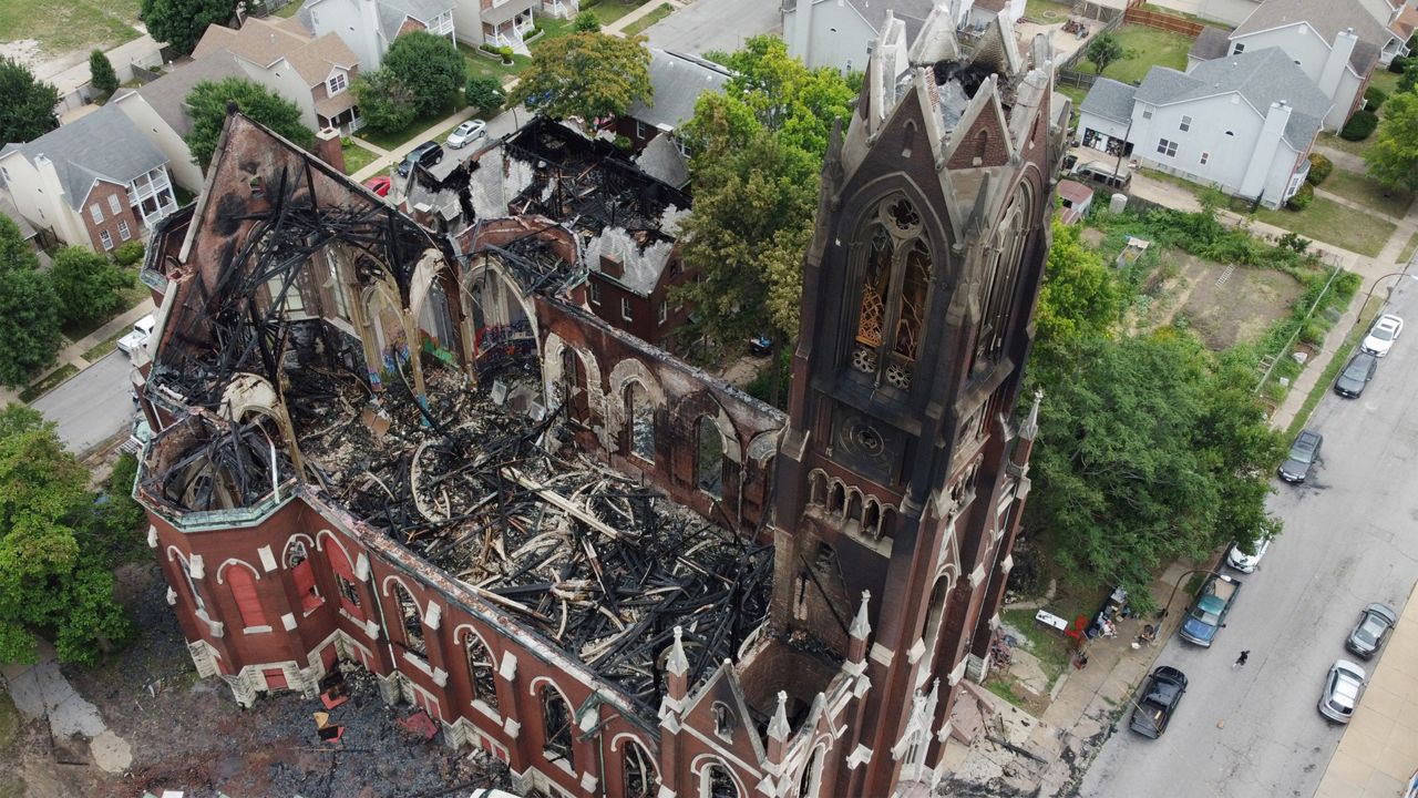 A drone photo shows the devastation a four-alarm fire has caused to the German gothic church at the St. Liborius Parish Complex built in 1889, in St. Louis on Thursday, June 29, 2023. The fire engulfed the historic church that had been converted into an indoor skatepark. Over 100 firefighters fought the blaze. No injuries were reported. (Photo by Bill Greenblatt/UPI)