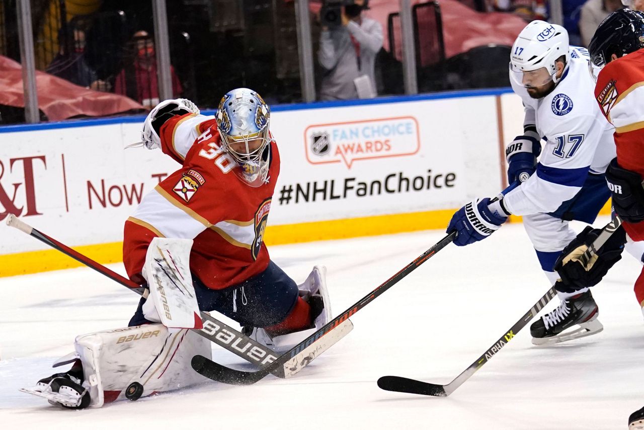 Florida Panthers goaltender Sergei Bobrovsky deflects a shot