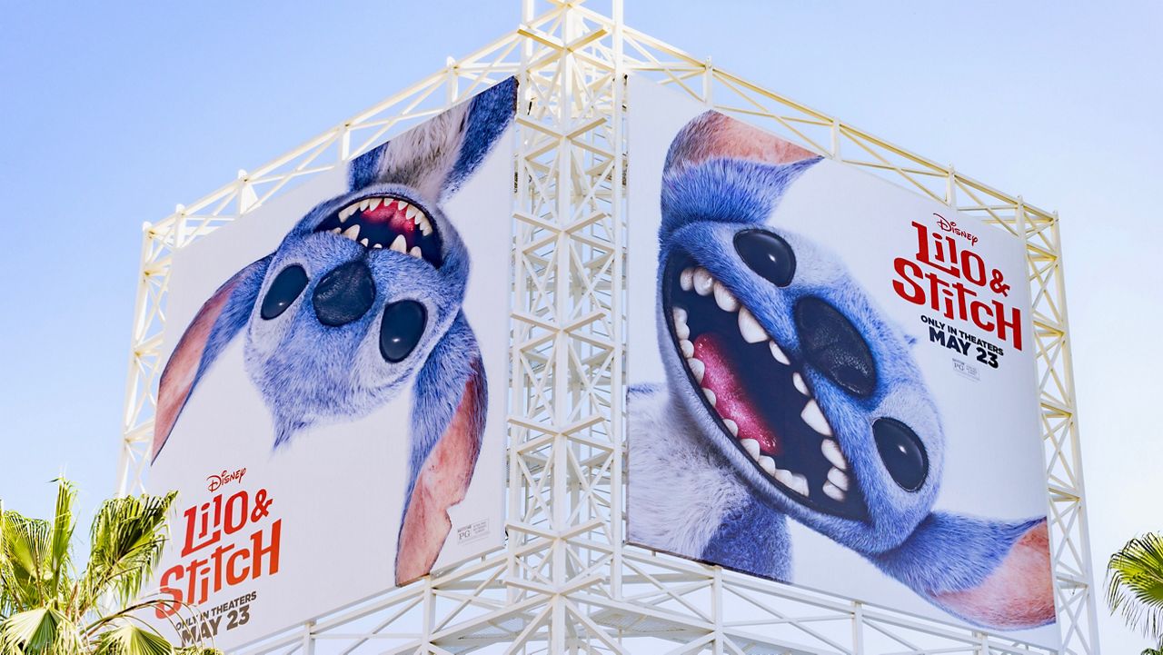 HOLLYWOOD, CA - MAY 08: General views of a billboard promoting the new Disney live-action film 'Lilo & Stitch' above the El Capitan Entertainment Centre on May 08, 2025 in Hollywood, California. (Photo by AaronP/Bauer-Griffin/GC Images)