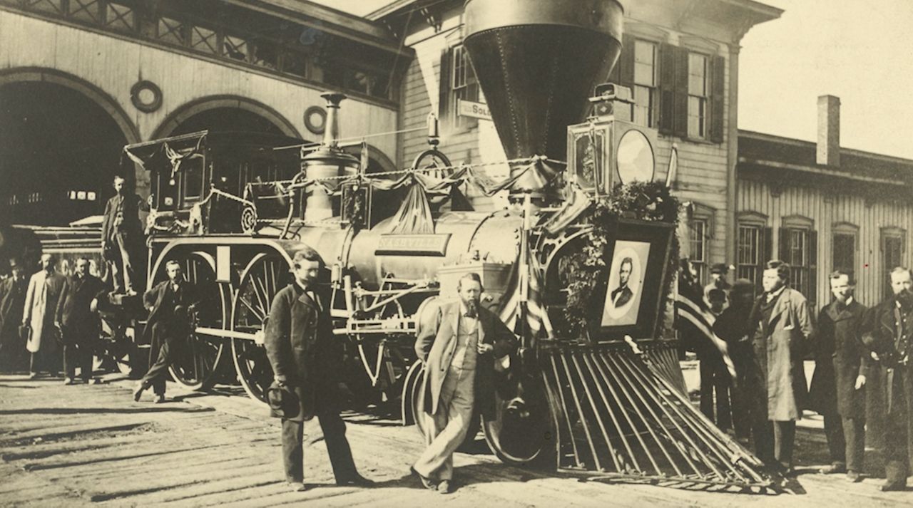 A train that carried Abraham Lincoln's body from Washington to Springfield, Ill., is seen in Ohio in 1865. (Photo courtesy of the Library of Congress)