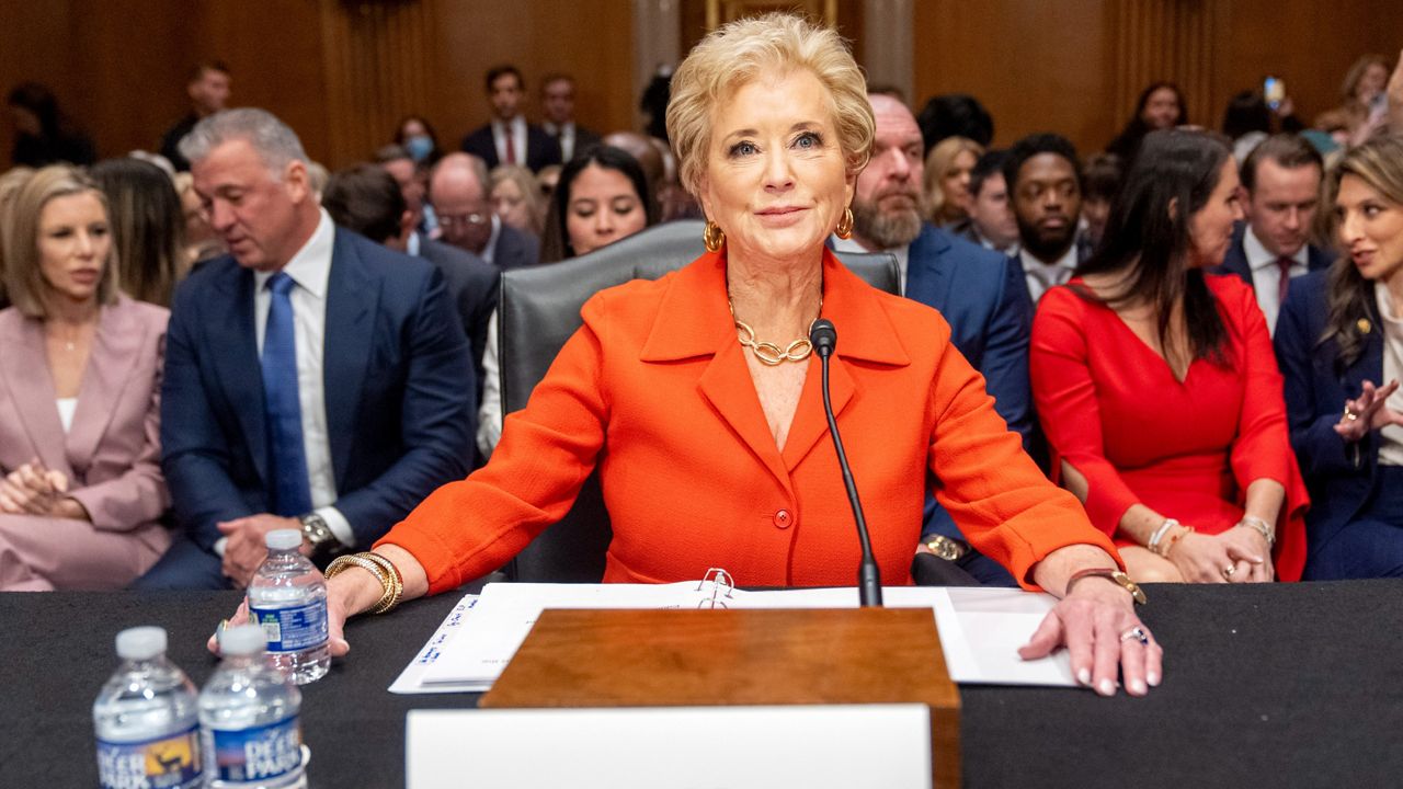 Linda McMahon, President Donald Trump's nominee for Secretary of Education, arrives for a hearing of the Health, Education, and Labor Committee on her nomination, Thursday, Feb. 13, 2025, in Washington. (AP Photo/Jacquelyn Martin)