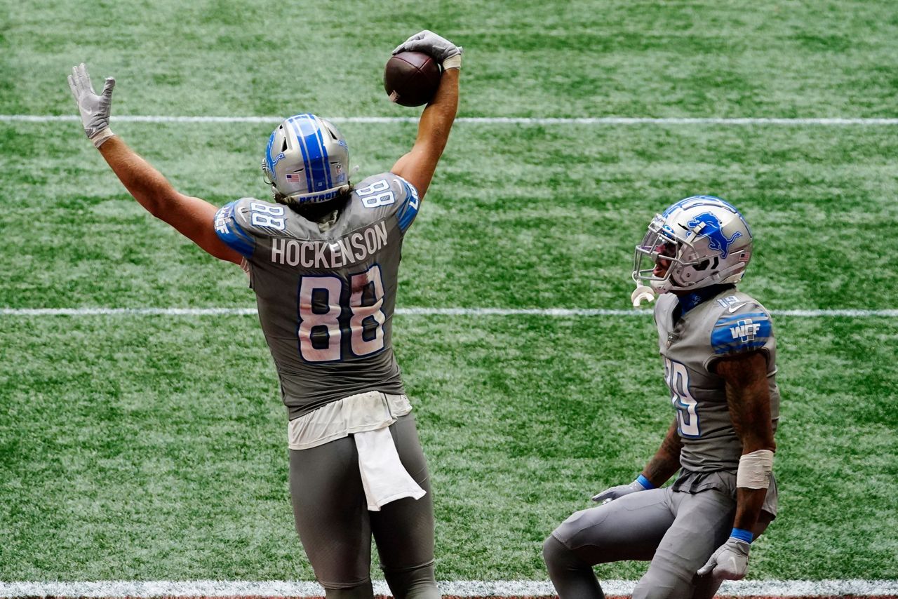 Detroit Lions wide receiver Kenny Golladay (19) lines up against the  Atlanta Falcons during the first half of an NFL football game, Sunday, Oct.  25, 2020, in Atlanta. The Detroit Lions won