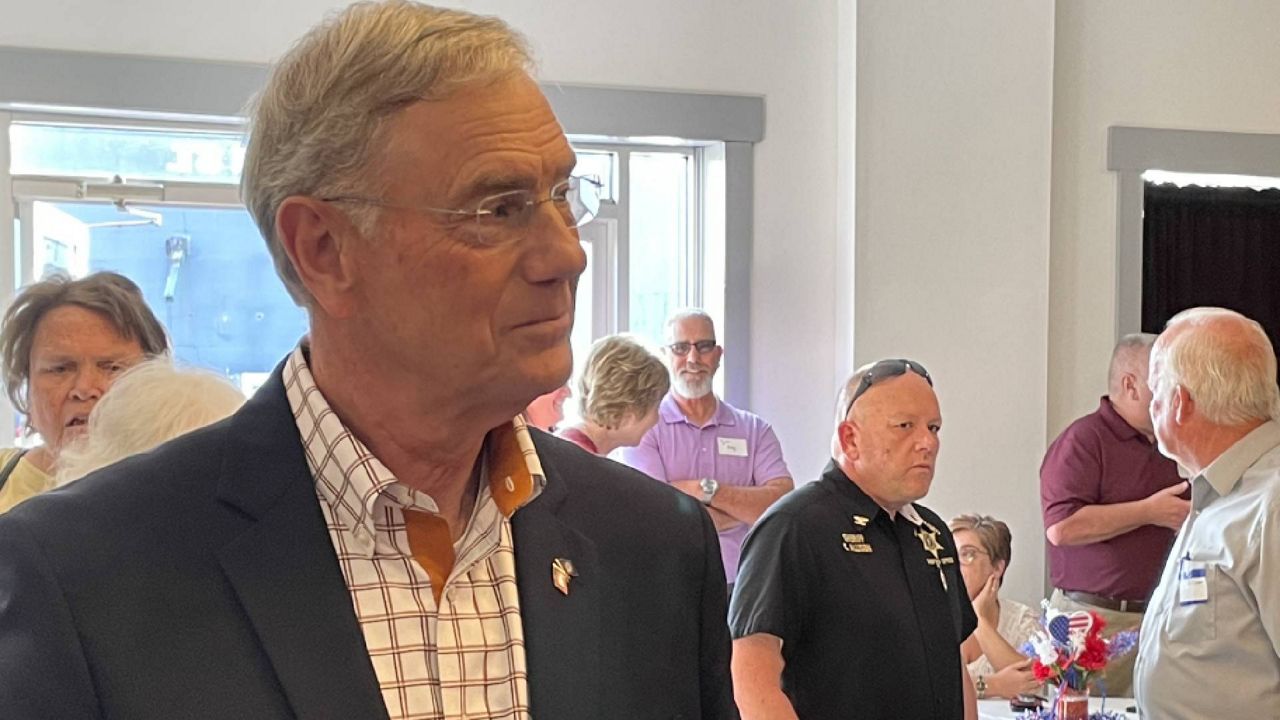 U.S. Rep. Blaine Luetkemeyer R-Mo., talks to attendees at a Montgomery County GOP event on April 13, 2023. (Spectrum News/Gregg Palermo)