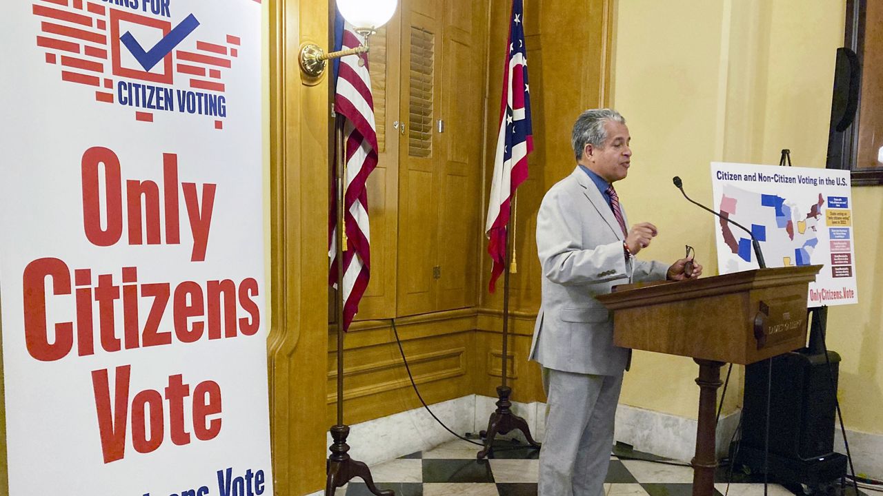 Luis Gil, a Republican candidate for Franklin County Commissioner in central Ohio, speaks in favor of a constitutional amendment on fall ballots that would prohibit noncitizen voting at the Ohio Statehouse in Columbus, Ohio, on, Oct. 6, 2022. (AP Photo/Julie Carr Smyth, File)