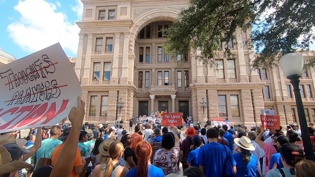 Families from Uvalde, Santa Fe and Parkland met at the State Capitol Saturday to demand stricter gun laws from Gov. Greg Abbott. (Spectrum News 1/Dylan Scott)