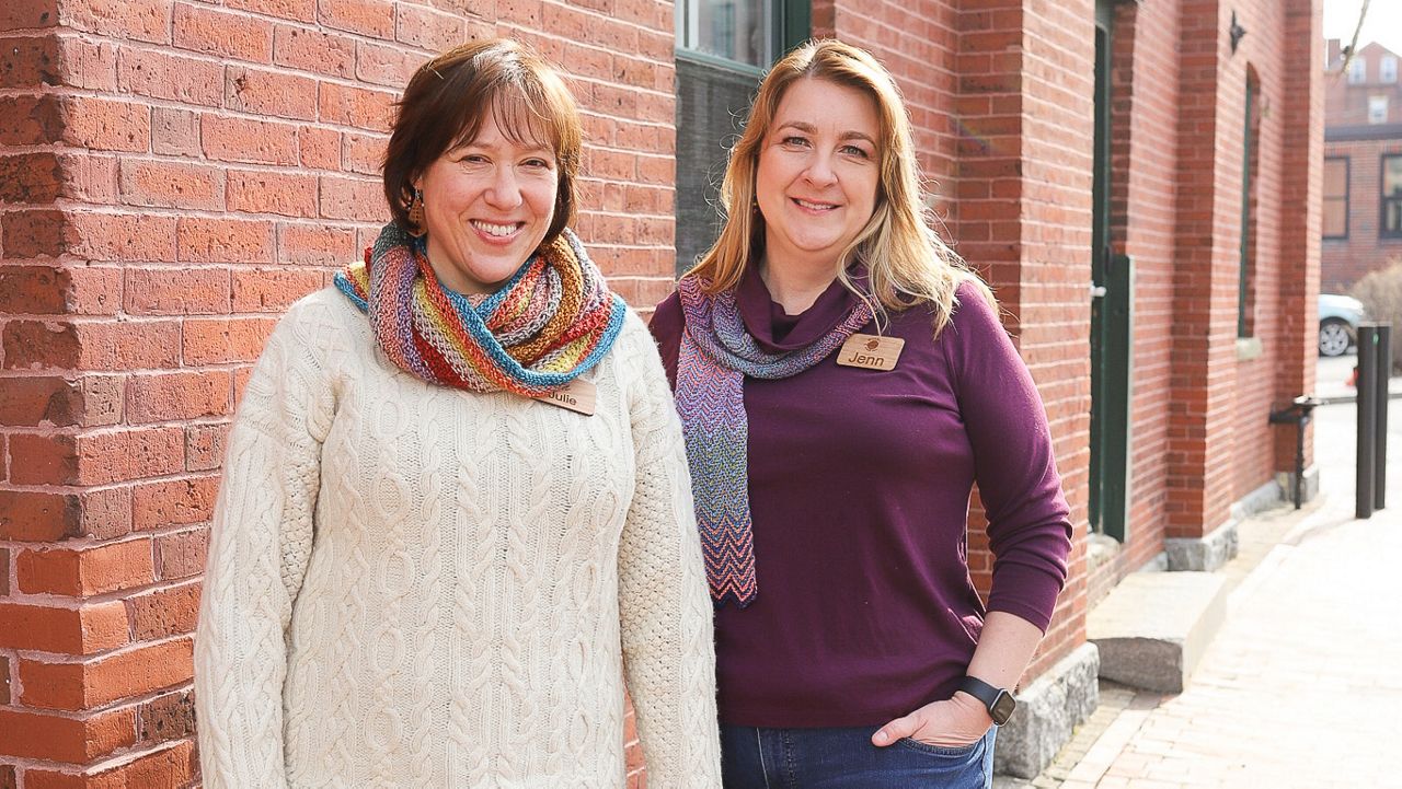 Julie Nye, left, and Jennifer Fleck host Maine Yarn Podcast, where the two talk about everything yarn and knitting. (Photo courtesy of Jennifer Fleck)