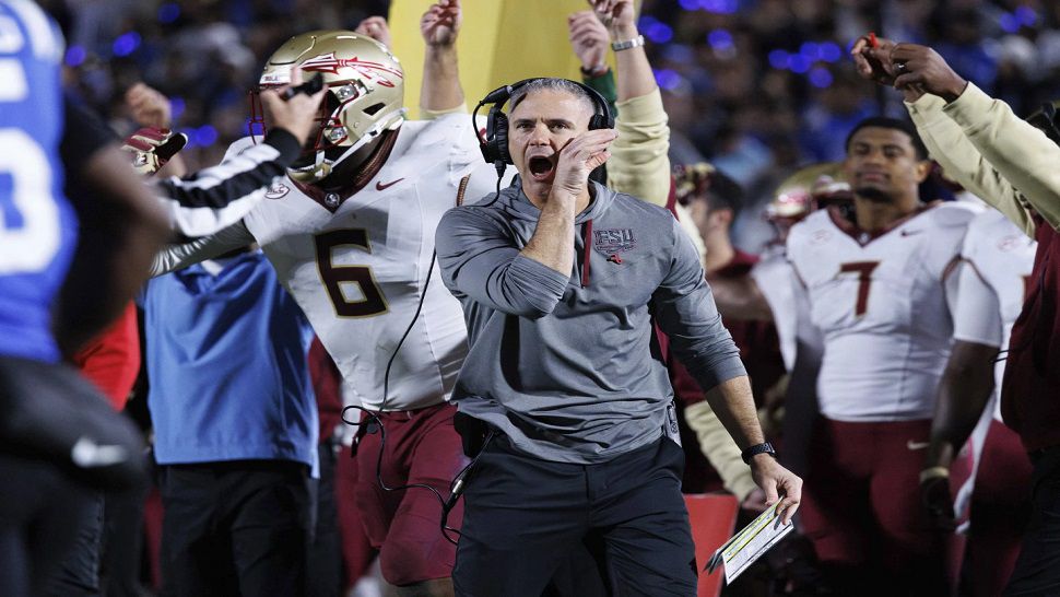 Florida State head coach Mike Norvell shouts toward the field during the first half of an NCAA college football game against Duke in Durham, N.C., Friday, Oct. 18, 2024. (AP Photo/Ben McKeown)