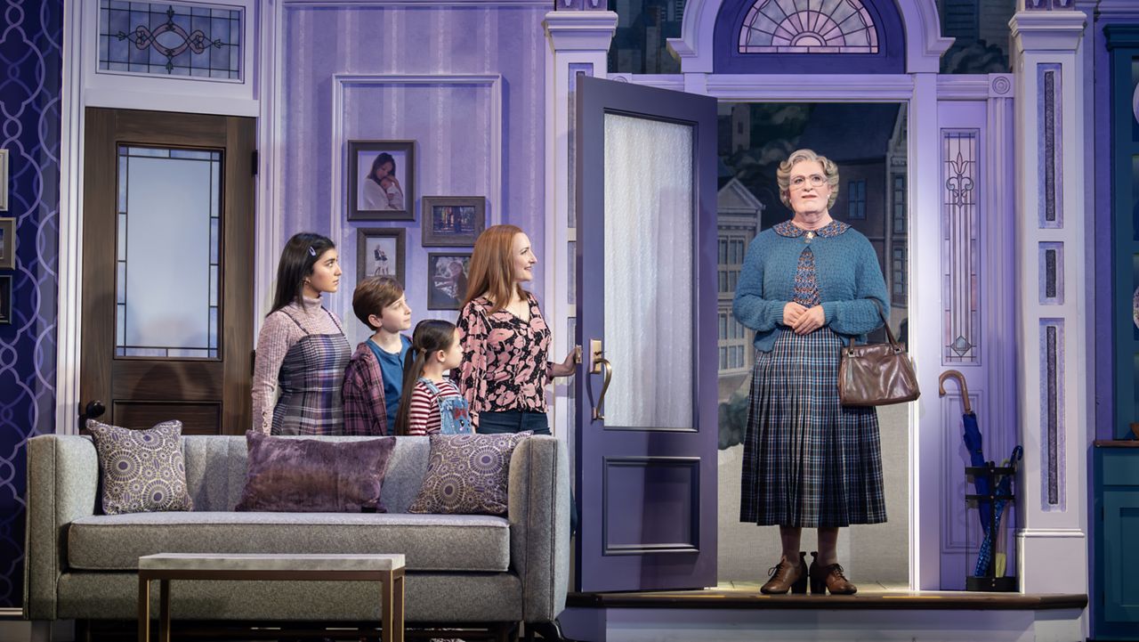 (L to R) Giselle Gutierrez (Lydia Hillard), Cody Braverman (Christopher Hillard), Emerson Mae Chan (Natalie Hillard), Maggie Lakis (Miranda Hillard), and Rob McClure (Euphegenia Doubtfire) in "Mrs. Doubtfire." (Joan Marcus)