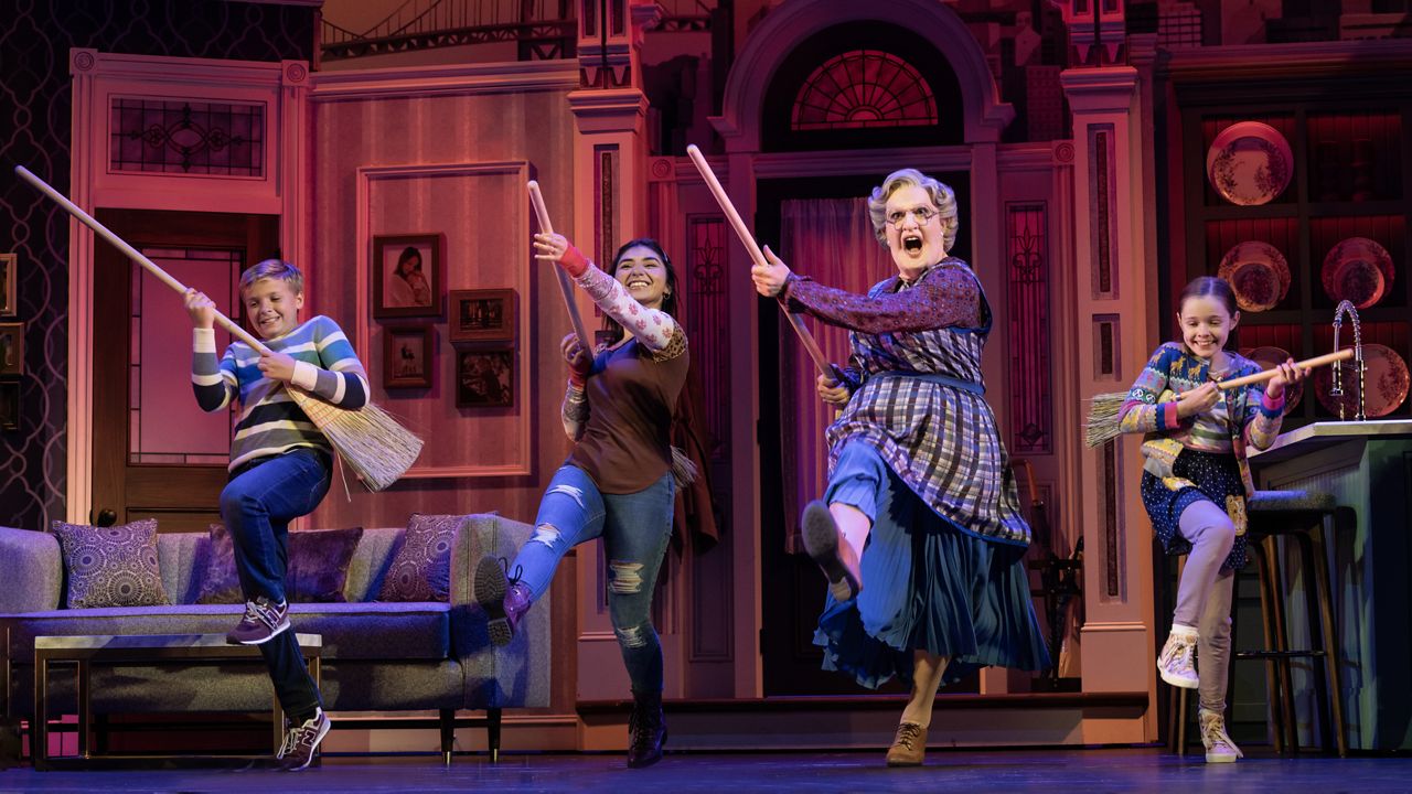 (L to R) Axel Bernard Rimmele (Christopher Hillard), Giselle Gutierrez (Lydia Hillard), Rob McClure (Euphegenia Doubtfire), and Kennedy Pitney (Natalie Hillard) in "Mrs. Doubtfire." (Joan Marcus)