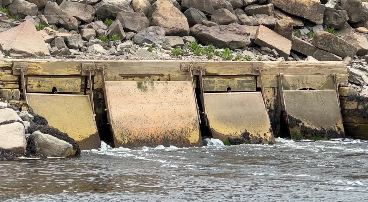 The old wooden flappers on the bridge in Machias were designed to aid in fish passage years ago but are no longer functioning properly. (Spectrum News/Susan Cover)