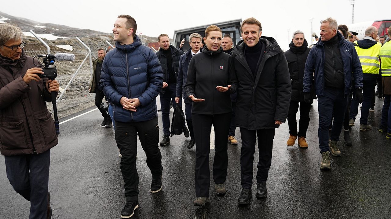French President Emmanuel Macron arrives at Nuuk Airport in Nuuk, Greenland, on Sunday, June 15, 2025. The Chairman of the Naalakkersuisut, Jens-Frederik Nielsen, is hosting during the French President's visit, where Danish Prime Minister Mette Frederiksen is also participating. (Mads Claus Rasmussen/Scanpix via AP)