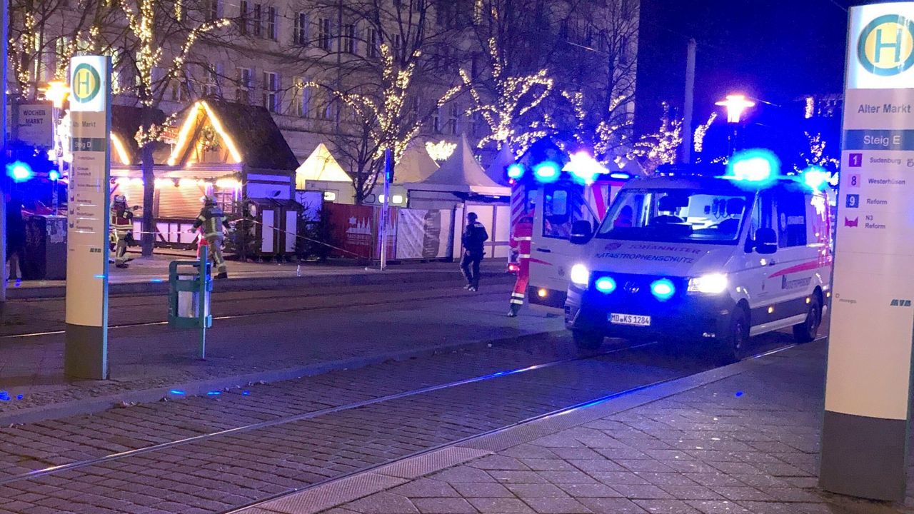 Emergency services attend an incident at the Christmas market in Magdeburg, Germany, Friday Dec. 20, 2024. (Dörthe Hein/dpa via AP)