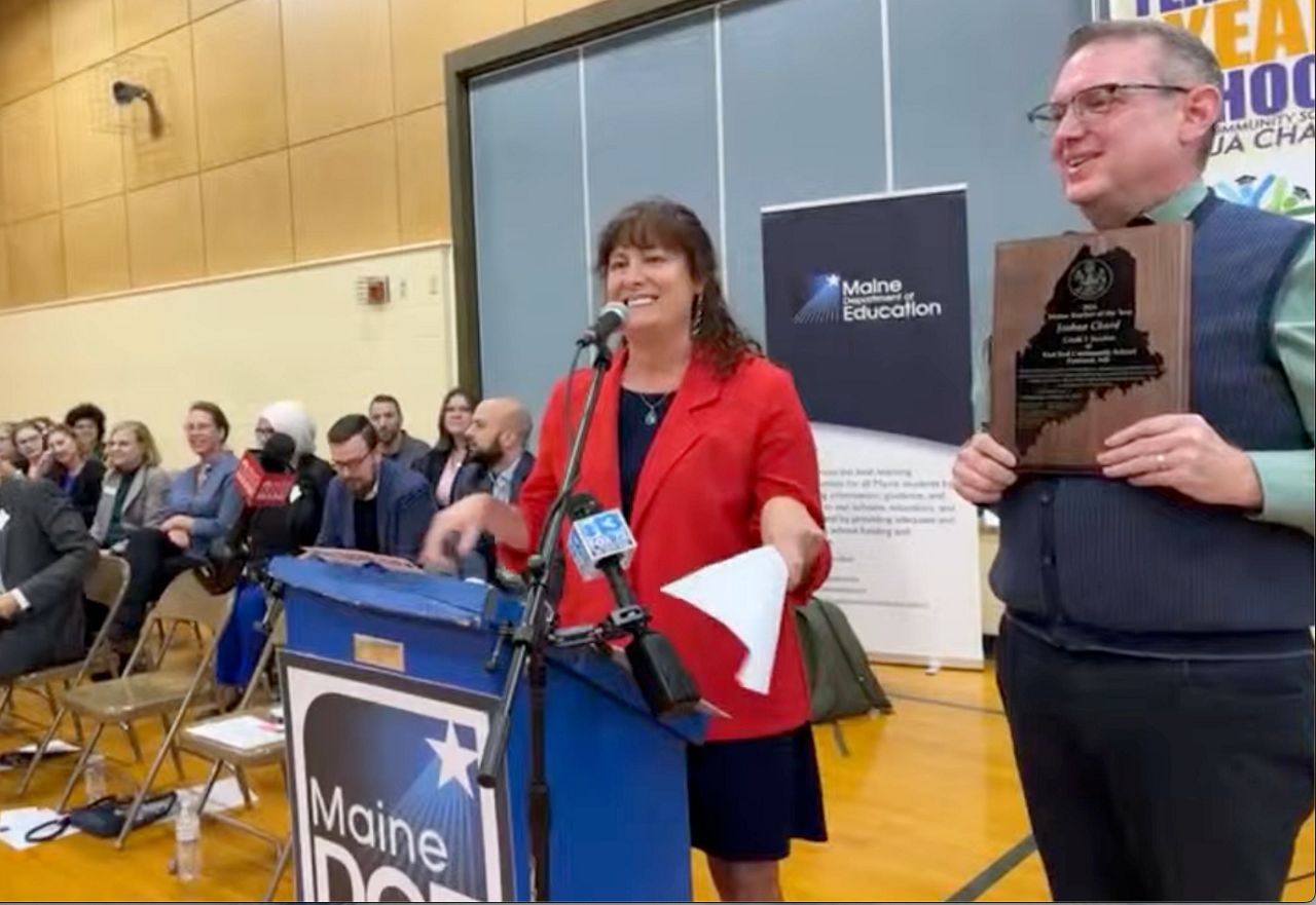 Joshua Chard, after being presented with the 2024 Teacher of the Year Award presented by Maine Education Commissioner Pender Makin. (Still image via YouTube)
