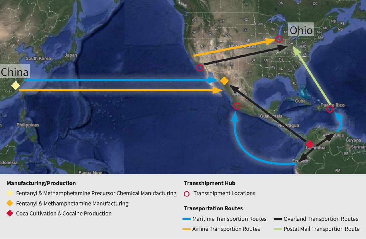 A map showcasing the drug supply chain, how fentanyl and other drugs make their way to Ohio.