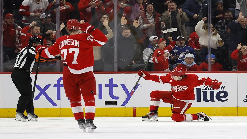 Detroit center Marco Kasper celebrates his goal in the second period against Tampa Bay on Saturday night.