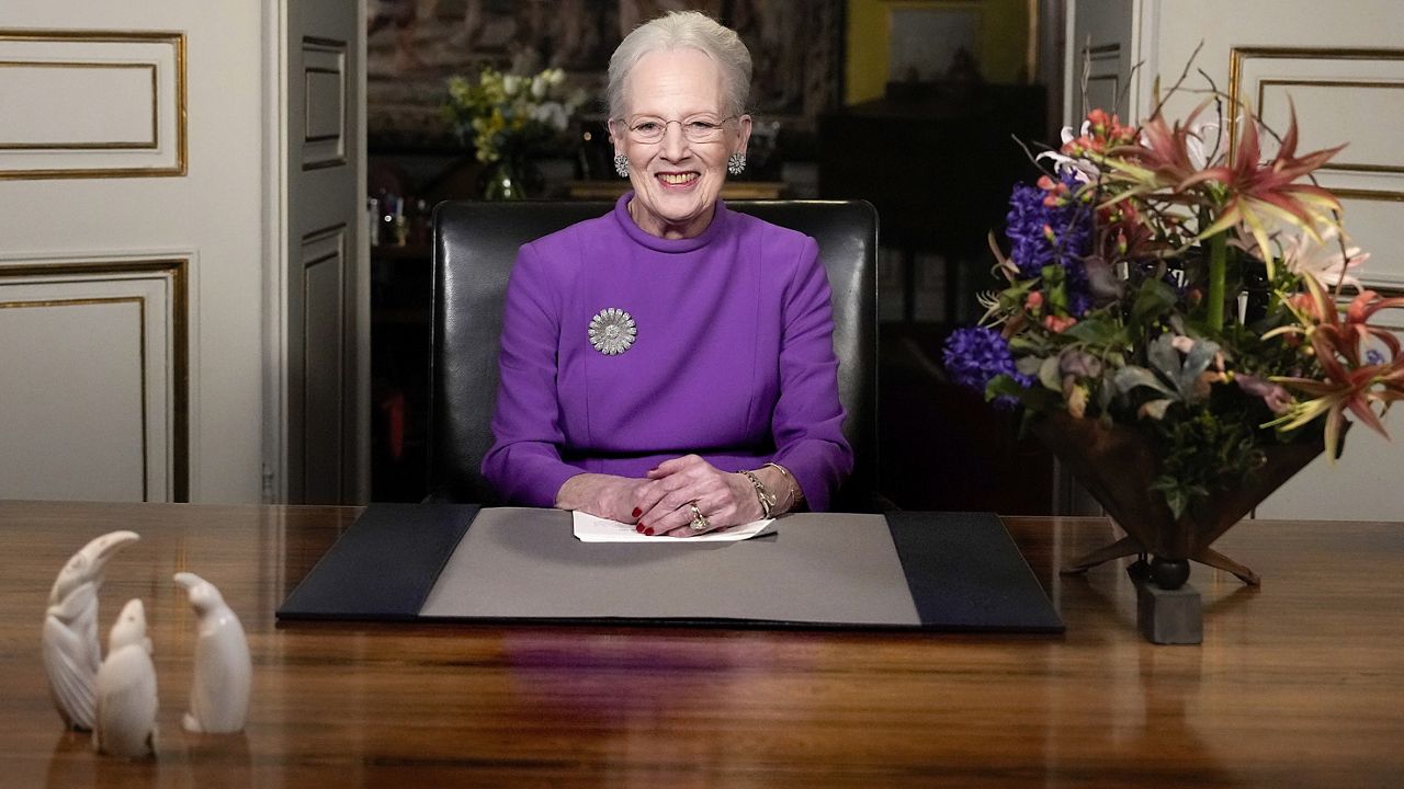 Queen Margrethe II gives a New Year's speech and announces her abdication from Christian IX's Palace, Amalienborg Castle, in Copenhagen, Sunday, Dec. 31 2023. (Keld Navntoft/Ritzau Scanpix via AP)