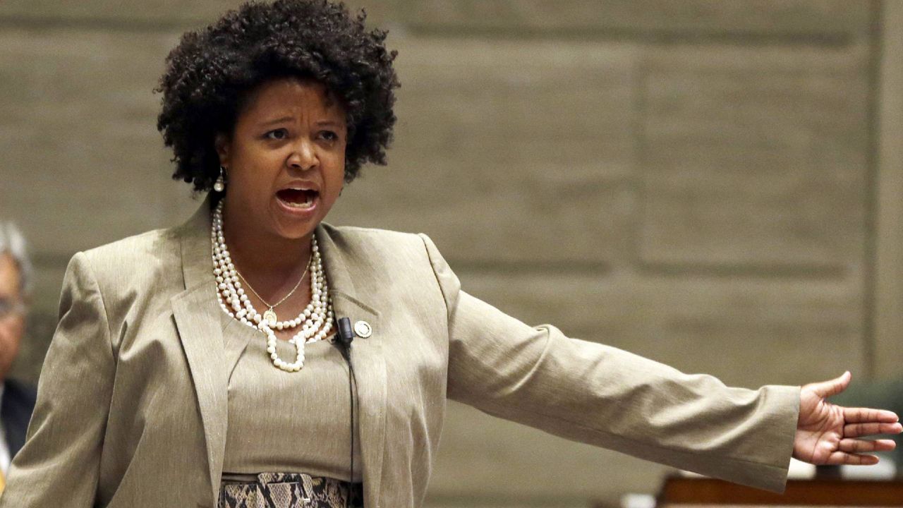 FILE - In this Sept. 10, 2014, file photo, Missouri state Sen. Maria Chappelle-Nadal speaks on the Senate floor in Jefferson City, Mo. Missouri state senators have voted to formally discipline the colleague who posted on social media that she hoped for President Donald Trump's assassination. Chappelle-Nadal removed the comment from her Facebook page the same day she posted it last month and apologized. She has said the remark was made in frustration over Trump's response to a violent white nationalist rally in Virginia. (AP Photo/Jeff Roberson, File)