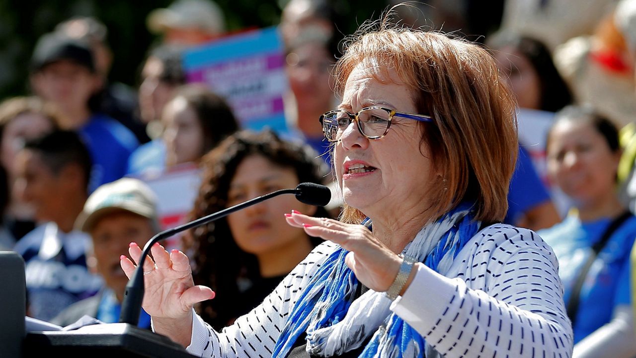 State Sen. Maria Elena Durazo, D-Los Angeles, addresses a gathering in Sacramento, Calif., May 20, 2019. (AP Photo/Rich Pedroncelli, File)
