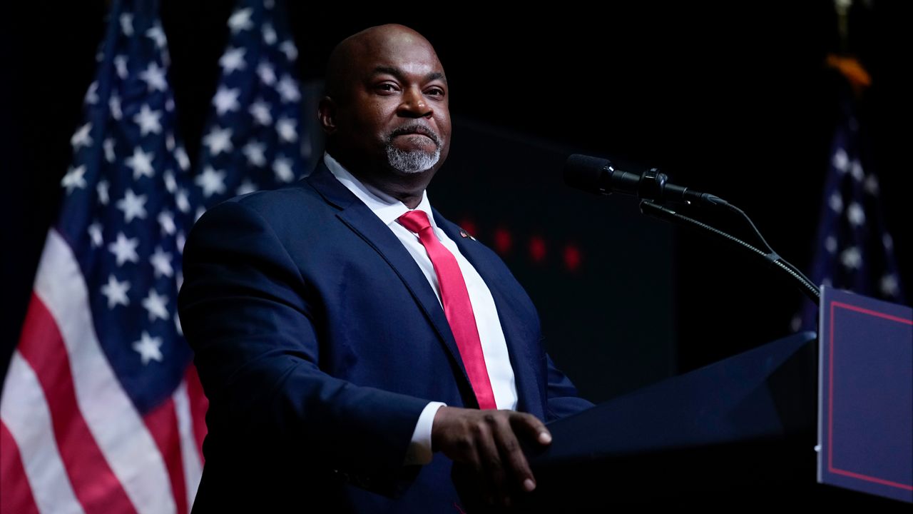 North Carolina Lt. Gov. Mark Robinson speaks before Republican presidential nominee former President Donald Trump at a campaign rally in Asheville, N.C., Aug. 14, 2024. (AP Photo/Matt Rourke, File)