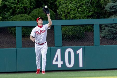 Rhys Hoskins throws out the first pitch prior to the Marlins